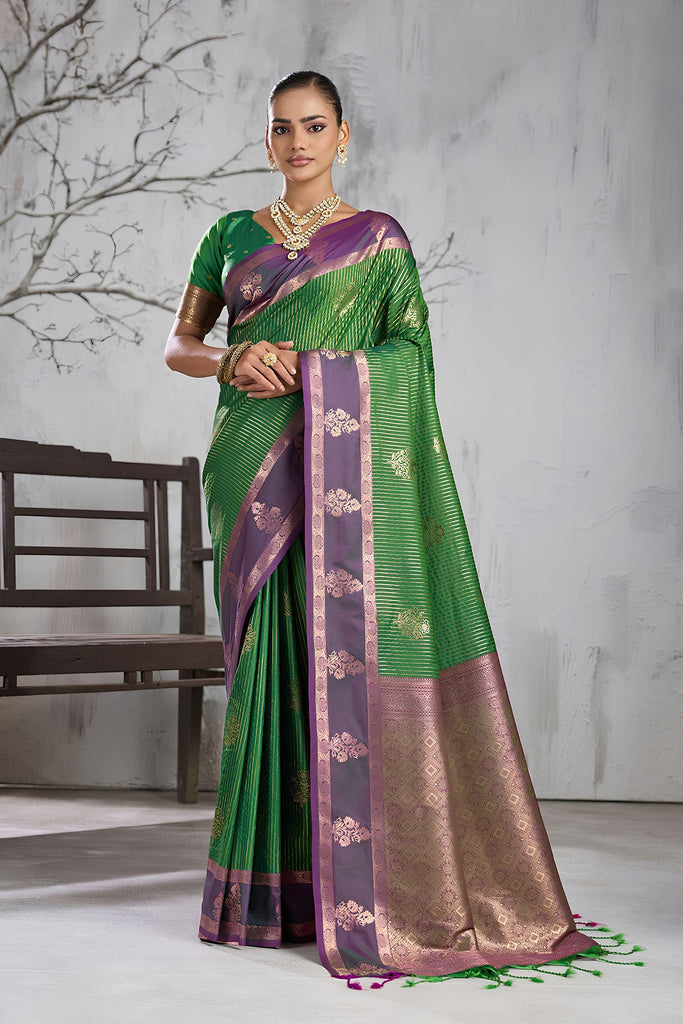 Stunning Green Silk Woven Saree Zari Border and Traditional Motifs for Women