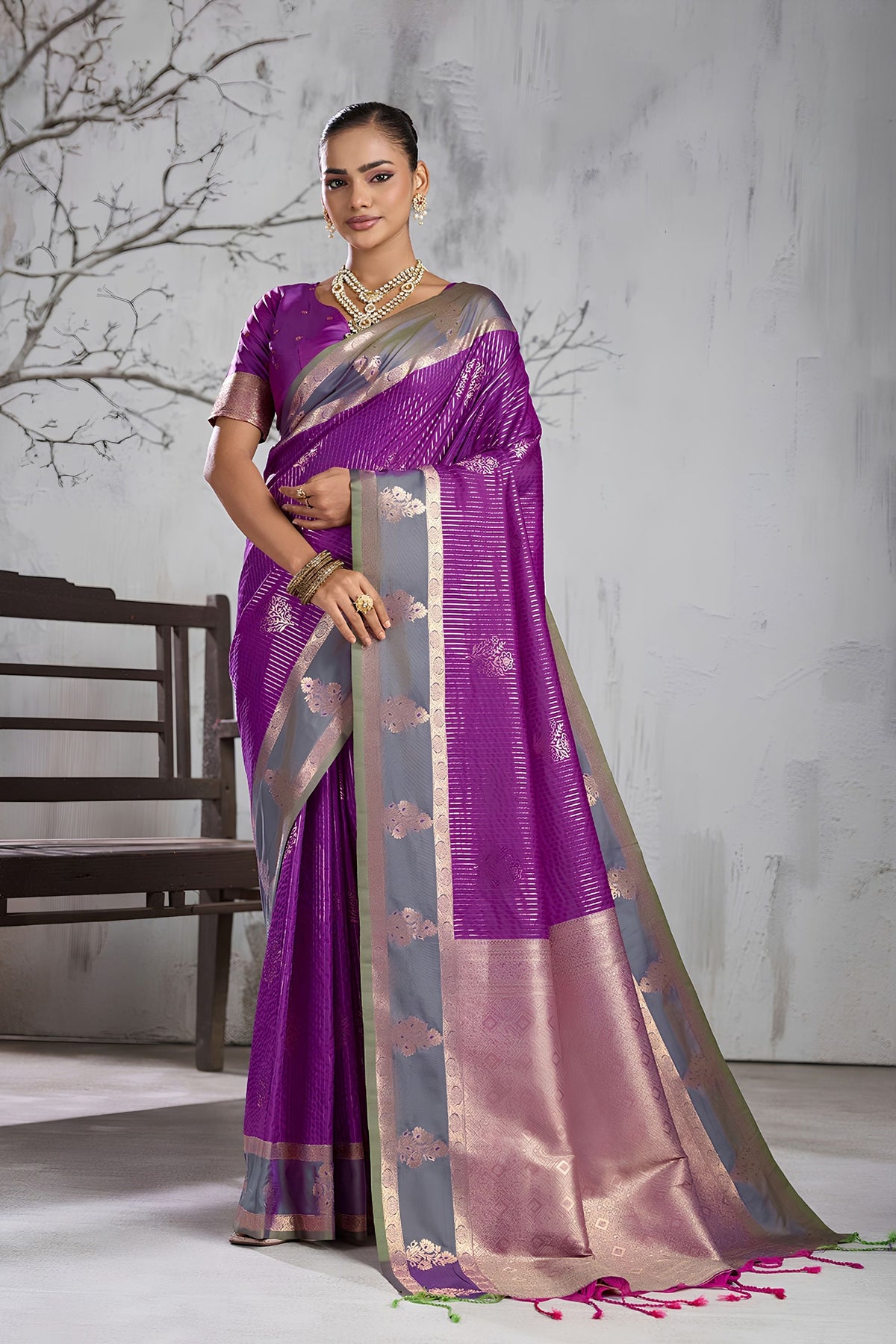Stunning Purple Silk Woven Designer Saree Zari Border and Traditional Motifs for Women