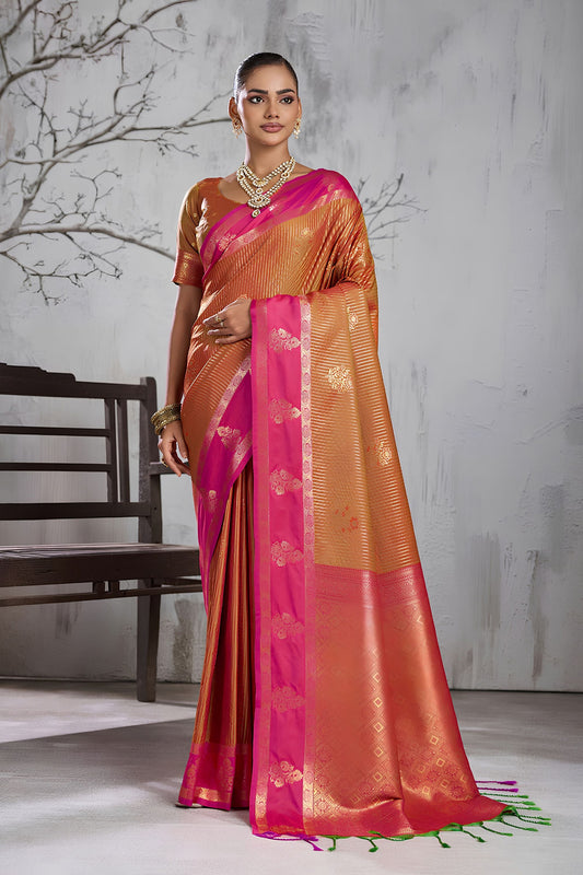 Premium Orange Silk Woven Saree with Zari Border for Women