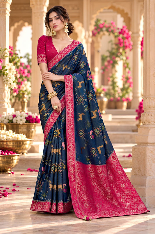 Stunning Navy Blue Satin Tissue Woven Jari Saree for Women