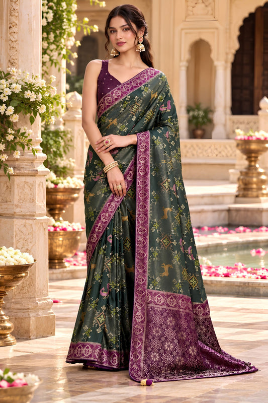 Lovely Dark Green Satin Tissue Woven Jari Designer Saree for Women