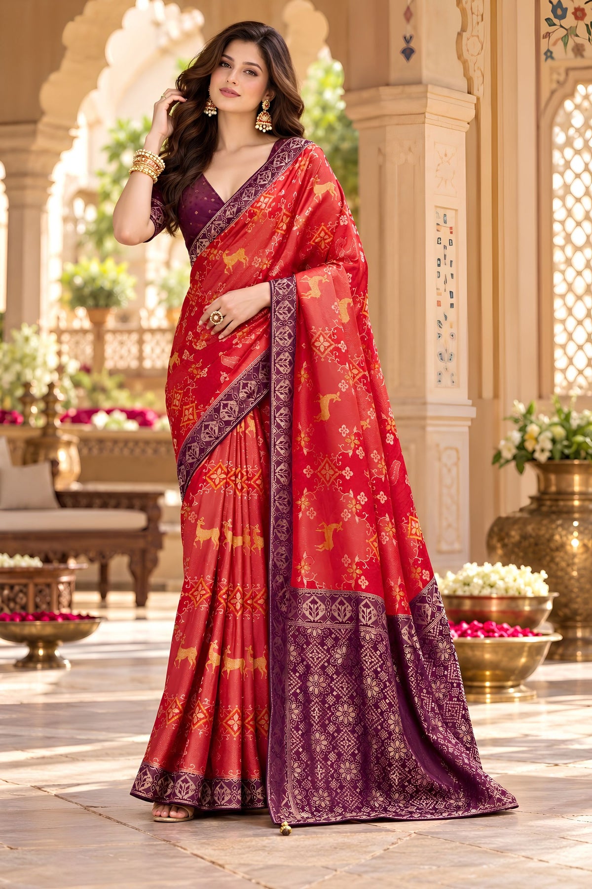 Premium Red Satin Tissue Woven Jari Designer Saree for Women