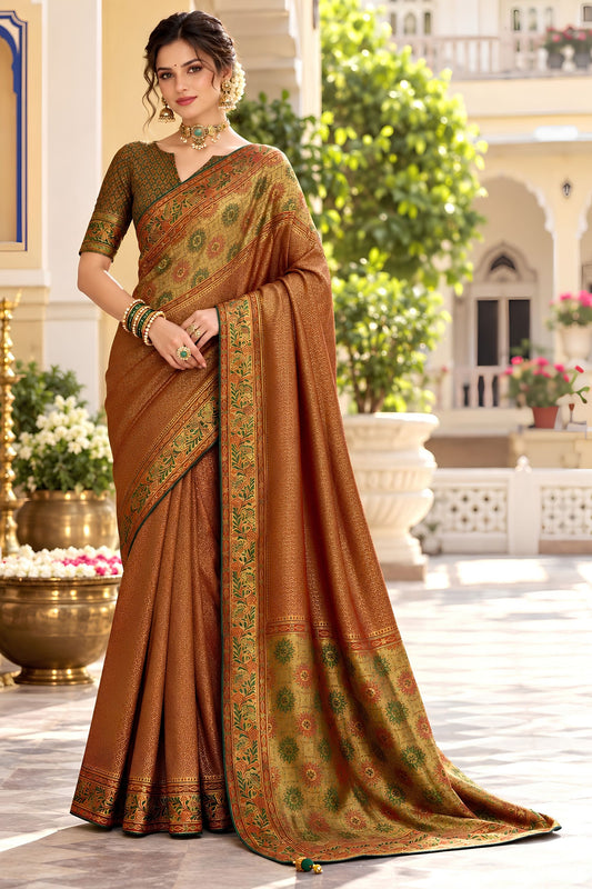 Stylish Rust Brown Satin Tissue Woven Jari Designer Saree for Women