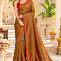 Amazing Brown Satin Tissue Woven Jari Designer Saree for Women