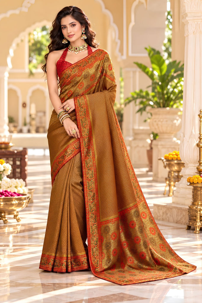 Amazing Brown Satin Tissue Woven Jari Designer Saree for Women