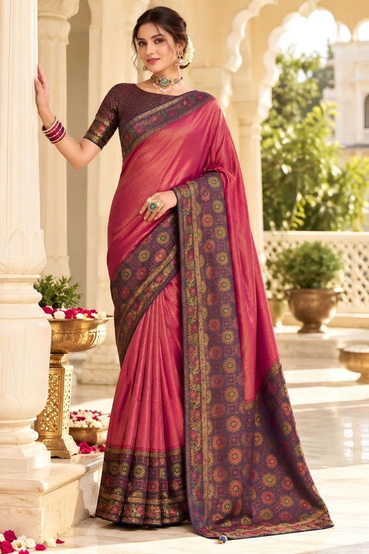 Beautiful Pink Satin Tissue Woven Jari Designer Saree for Women