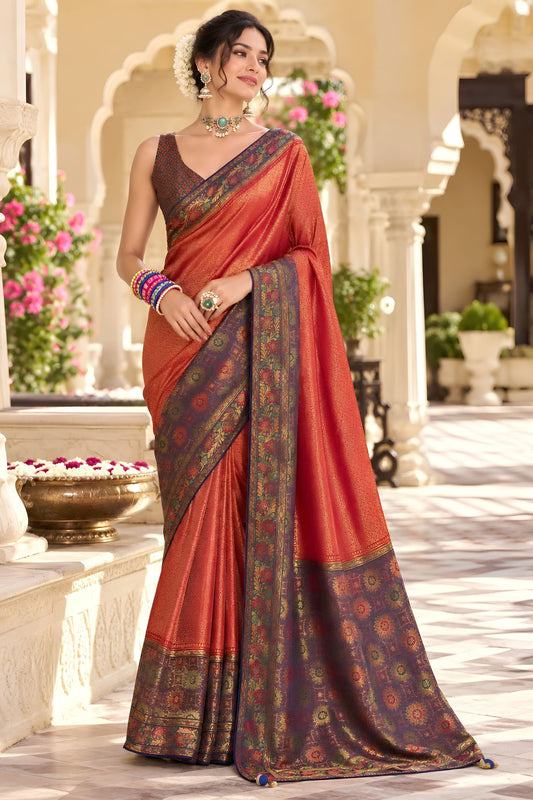 Stunning Rust Orange Satin Tissue Woven Jari Saree for Women