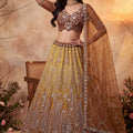 Charming Rust Orange Net Heavy Embroidered Designer Lehenga Choli with Dupatta