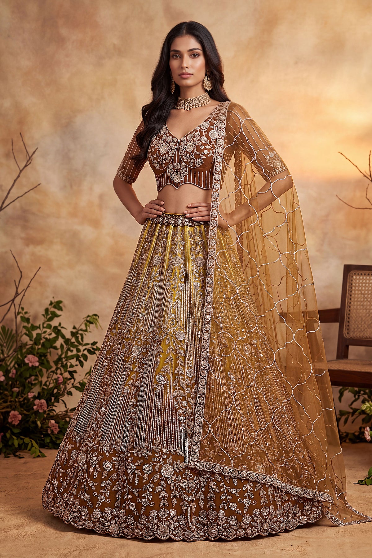 Charming Rust Orange Net Heavy Embroidered Designer Lehenga Choli with Dupatta