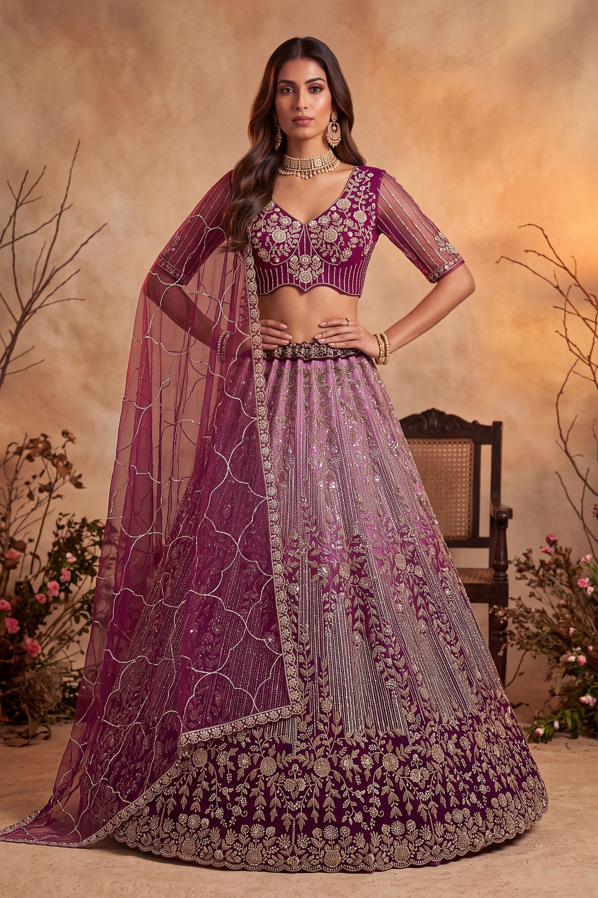 Stunning Wine Net Heavy Embroidered Designer Lehenga Choli with Dupatta for Women