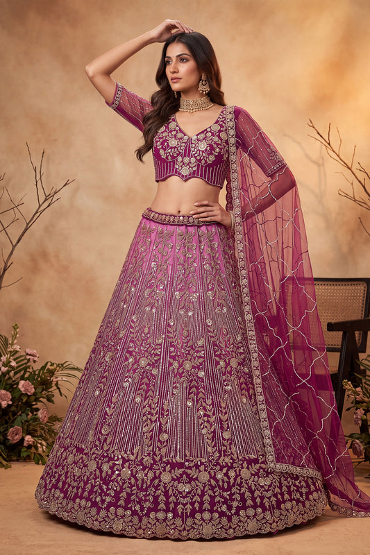Stunning Wine Net Heavy Embroidered Designer Lehenga Choli with Dupatta for Women