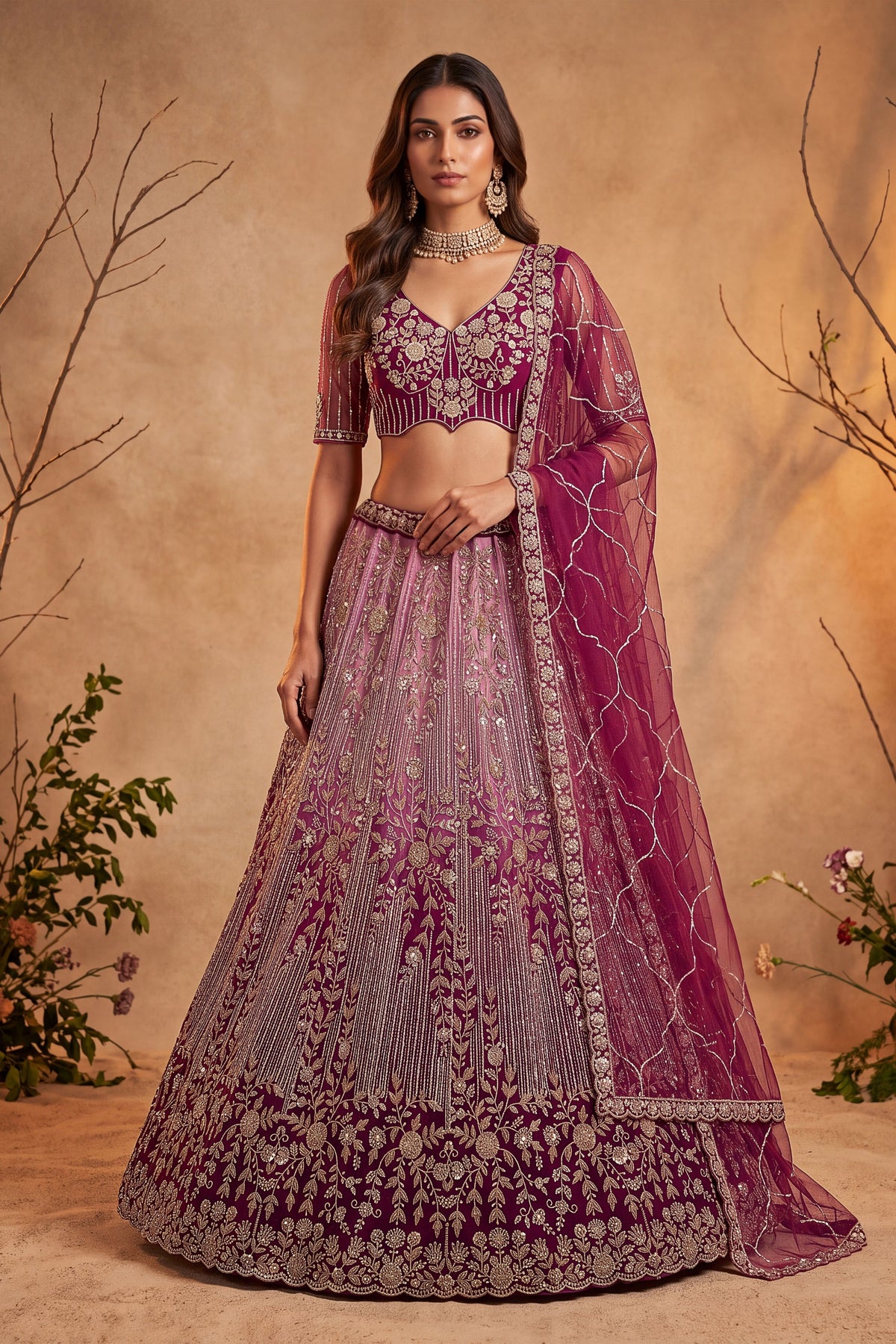 Stunning Wine Net Heavy Embroidered Designer Lehenga Choli with Dupatta for Women