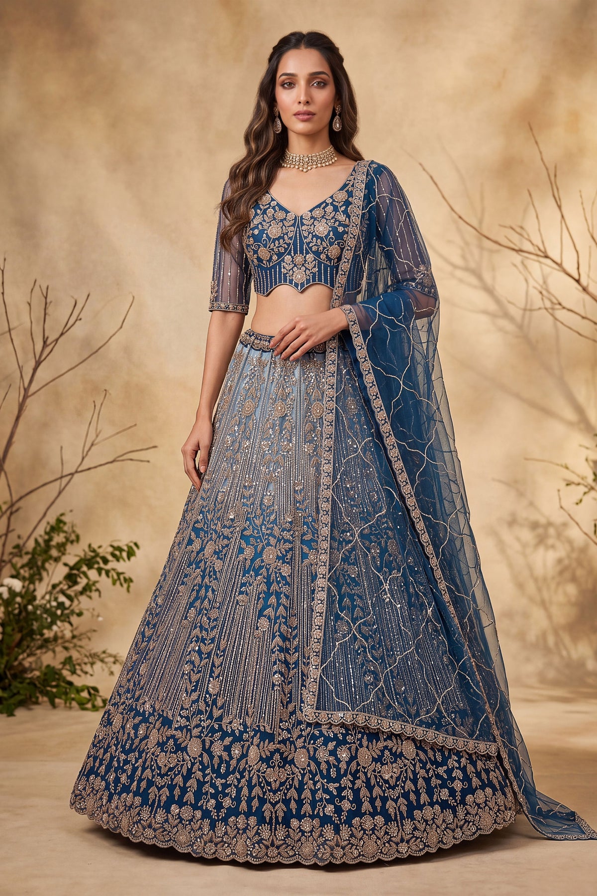 Stunning Navy Blue Net Heavy Embroidered Designer Lehenga Choli with Dupatta for Women