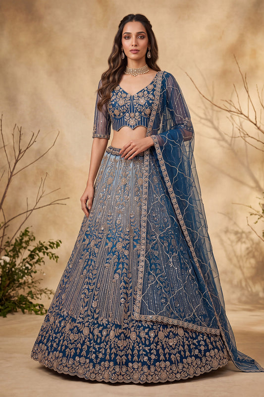 Stunning Navy Blue Net Heavy Embroidered Designer Lehenga Choli with Dupatta for Women