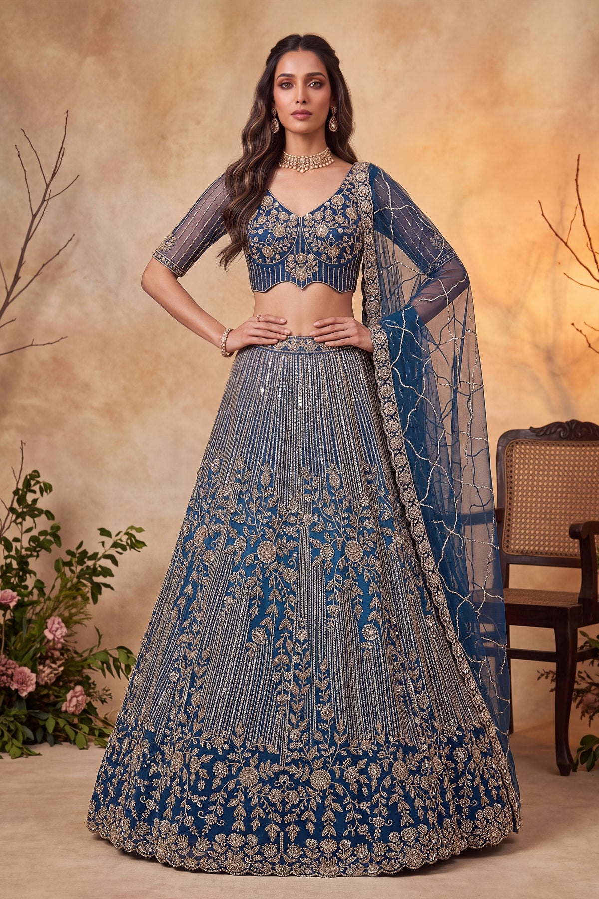 Stunning Navy Blue Net Heavy Embroidered Designer Lehenga Choli with Dupatta for Women