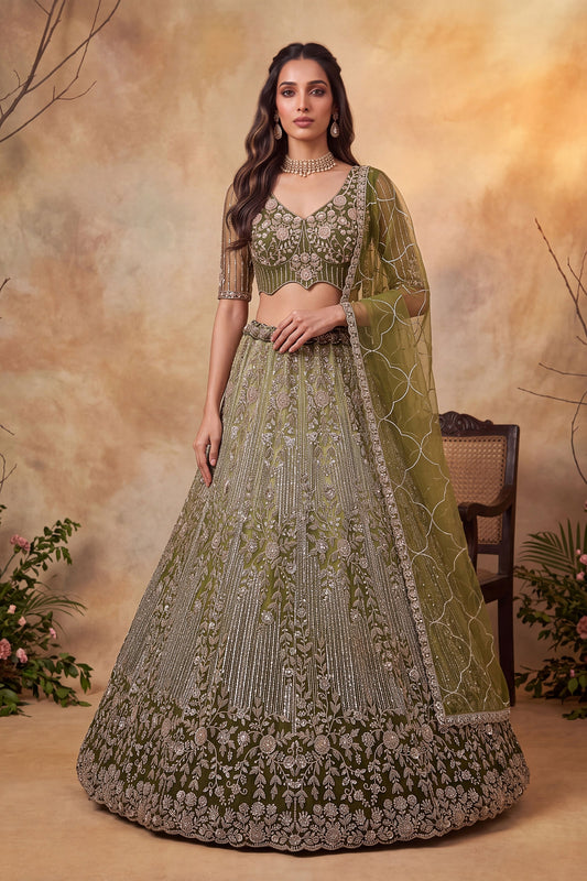 Gorgeous Olive Green Net Heavy Embroidered Designer Lehenga Choli with Dupatta for Women