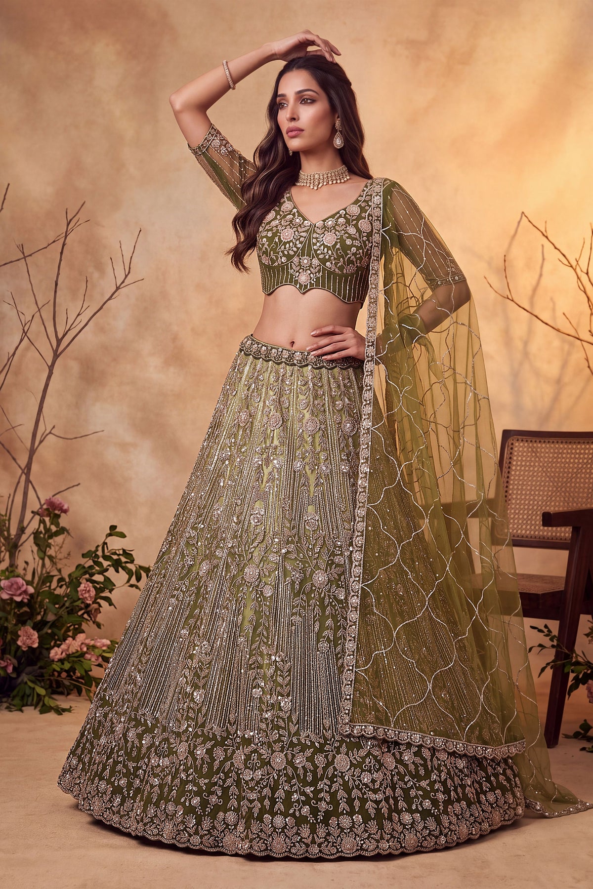 Gorgeous Olive Green Net Heavy Embroidered Designer Lehenga Choli with Dupatta for Women