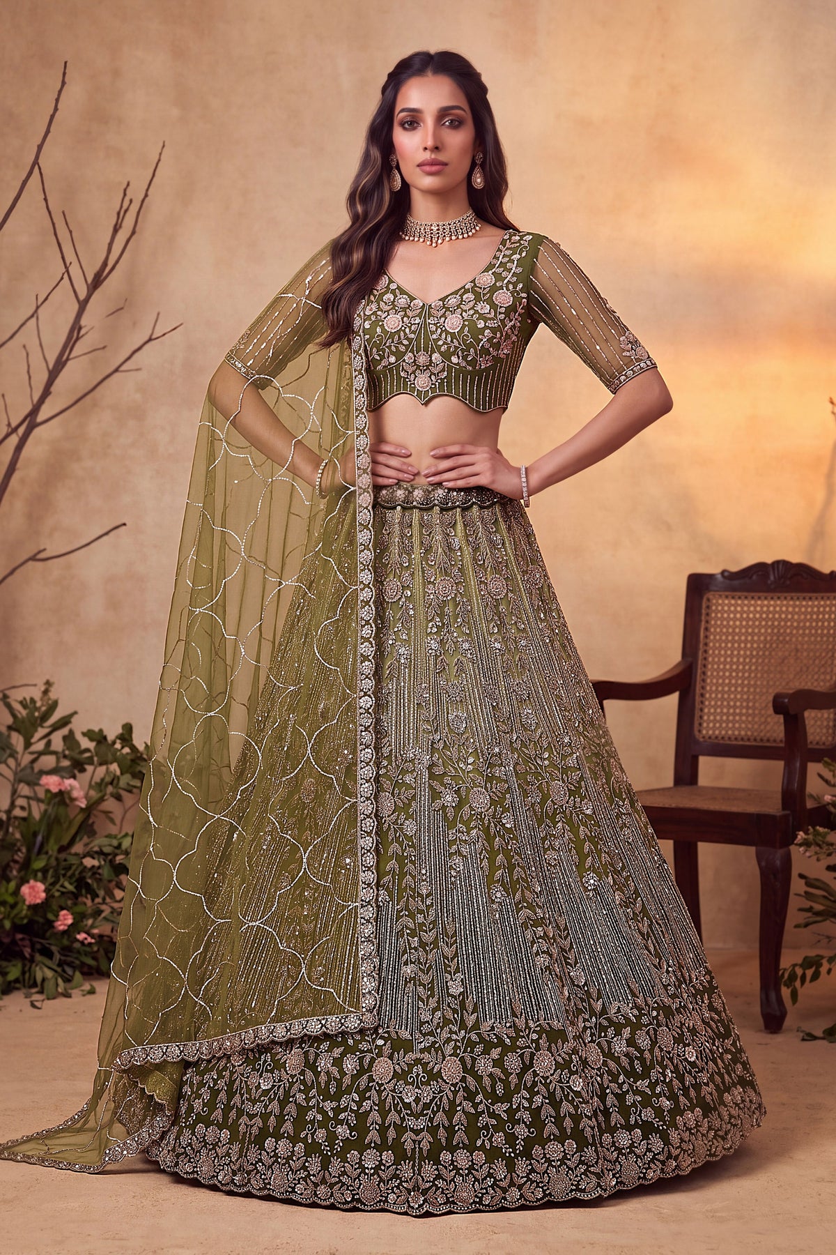 Gorgeous Olive Green Net Heavy Embroidered Designer Lehenga Choli with Dupatta for Women