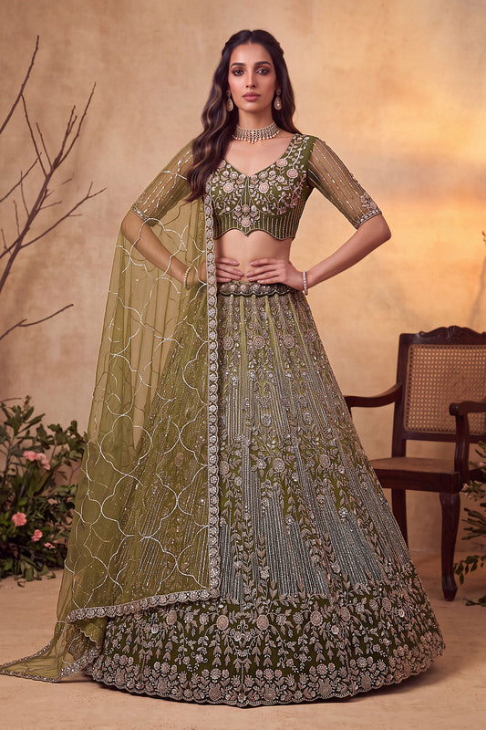 Gorgeous Olive Green Net Heavy Embroidered Designer Lehenga Choli with Dupatta for Women