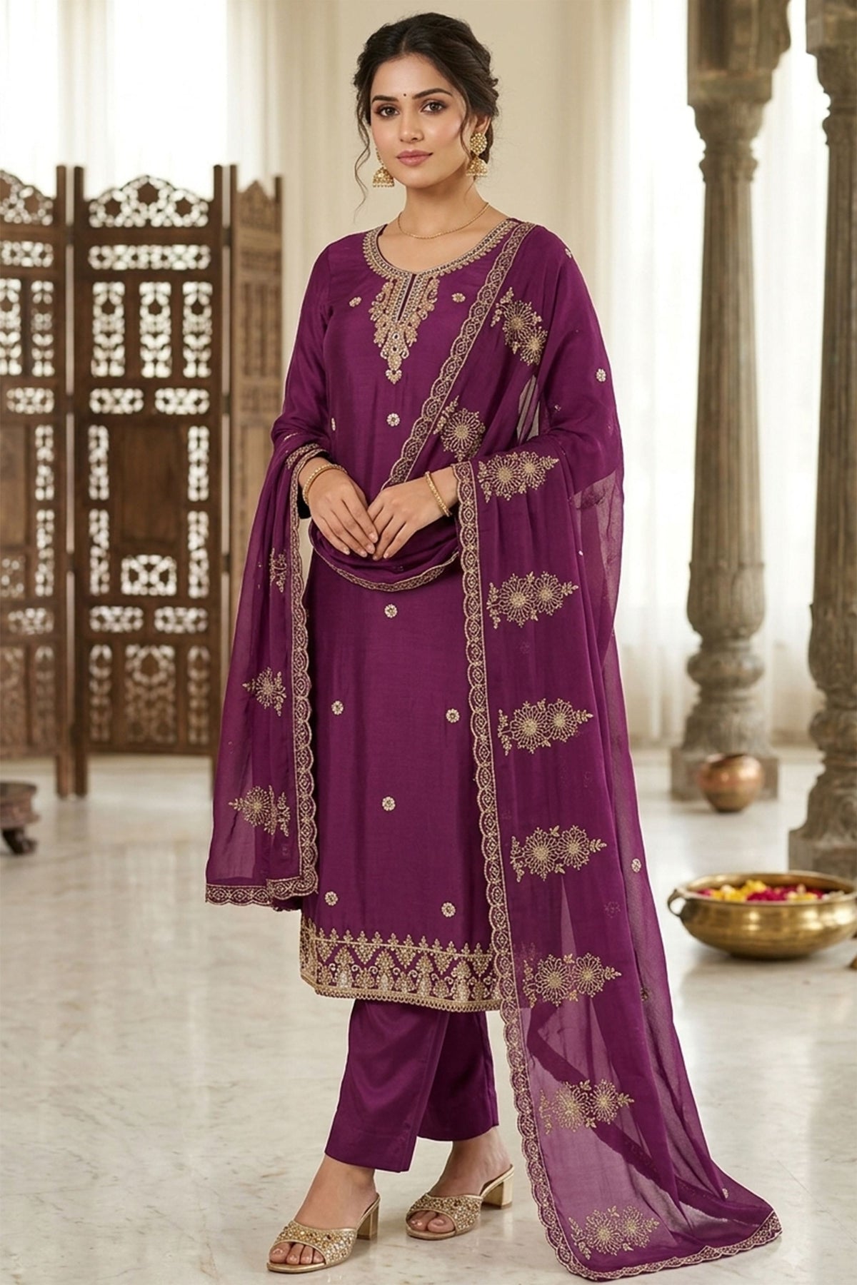 Gorgeous Purple PV Cotton Salwar Suit with Embroidery Work for Women
