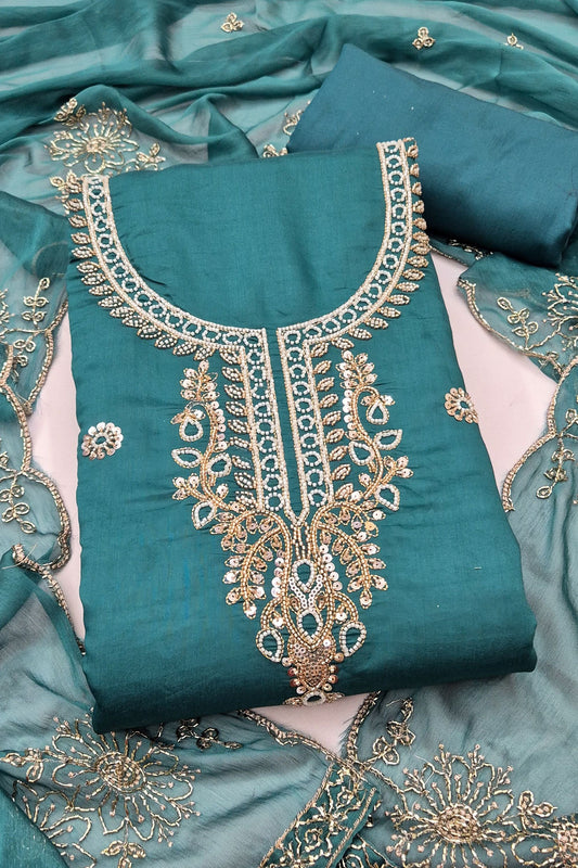 Graceful Teal Green PV Cotton Salwar Suit with Embroidery Work and Dupatta for Women