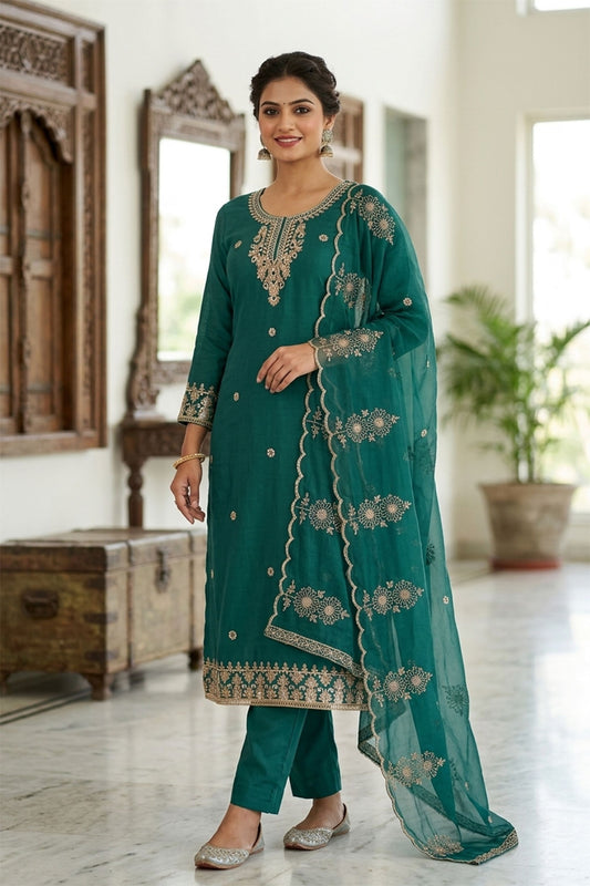 Graceful Teal Green PV Cotton Salwar Suit with Embroidery Work and Dupatta for Women