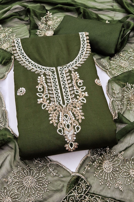 Lovely Olive Green PV Cotton Salwar Suit with Embroidery Work and Dupatta for Women