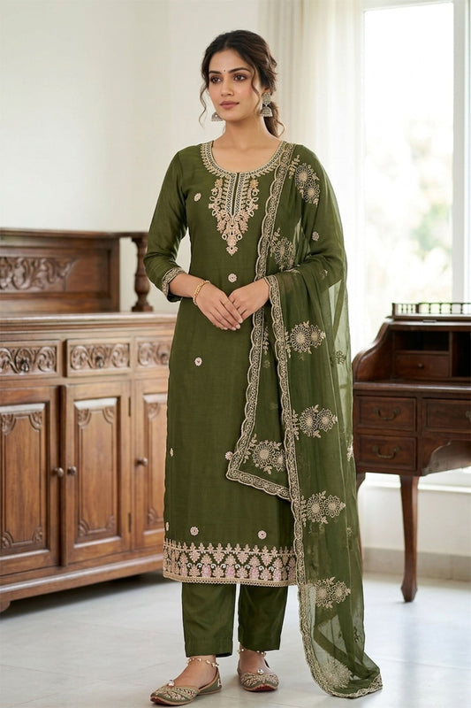 Lovely Olive Green PV Cotton Salwar Suit with Embroidery Work and Dupatta for Women