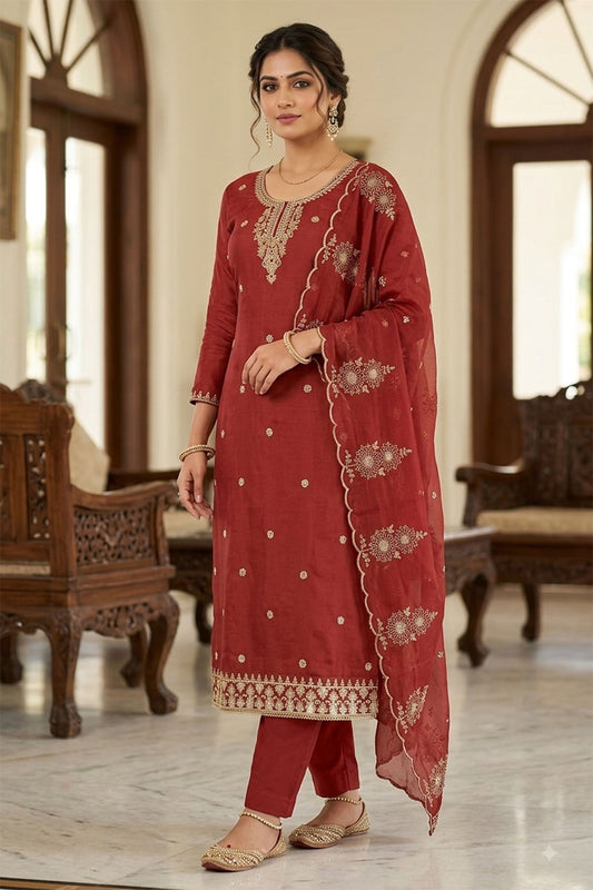 Radiant Rust Red PV Cotton Salwar Suit with Embroidery Work and Dupatta for Women