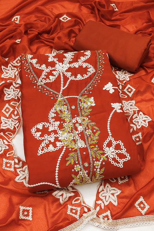 Striking Rust Orange PV Cotton Salwar Suit with Embroidery Work and Dupatta for Women