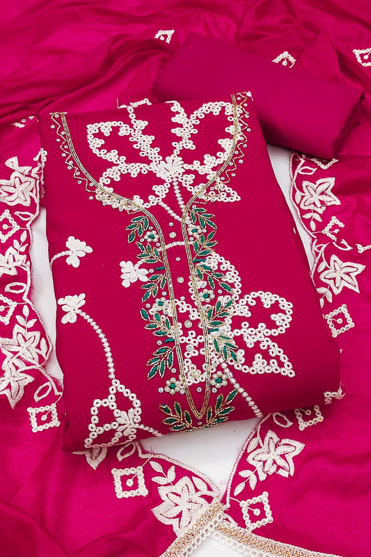 Dazzling Rani Pink PV Cotton Salwar Suit with Embroidery Work and Dupatta for Women