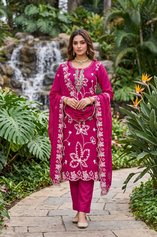 Dazzling Rani Pink PV Cotton Salwar Suit with Embroidery Work and Dupatta for Women