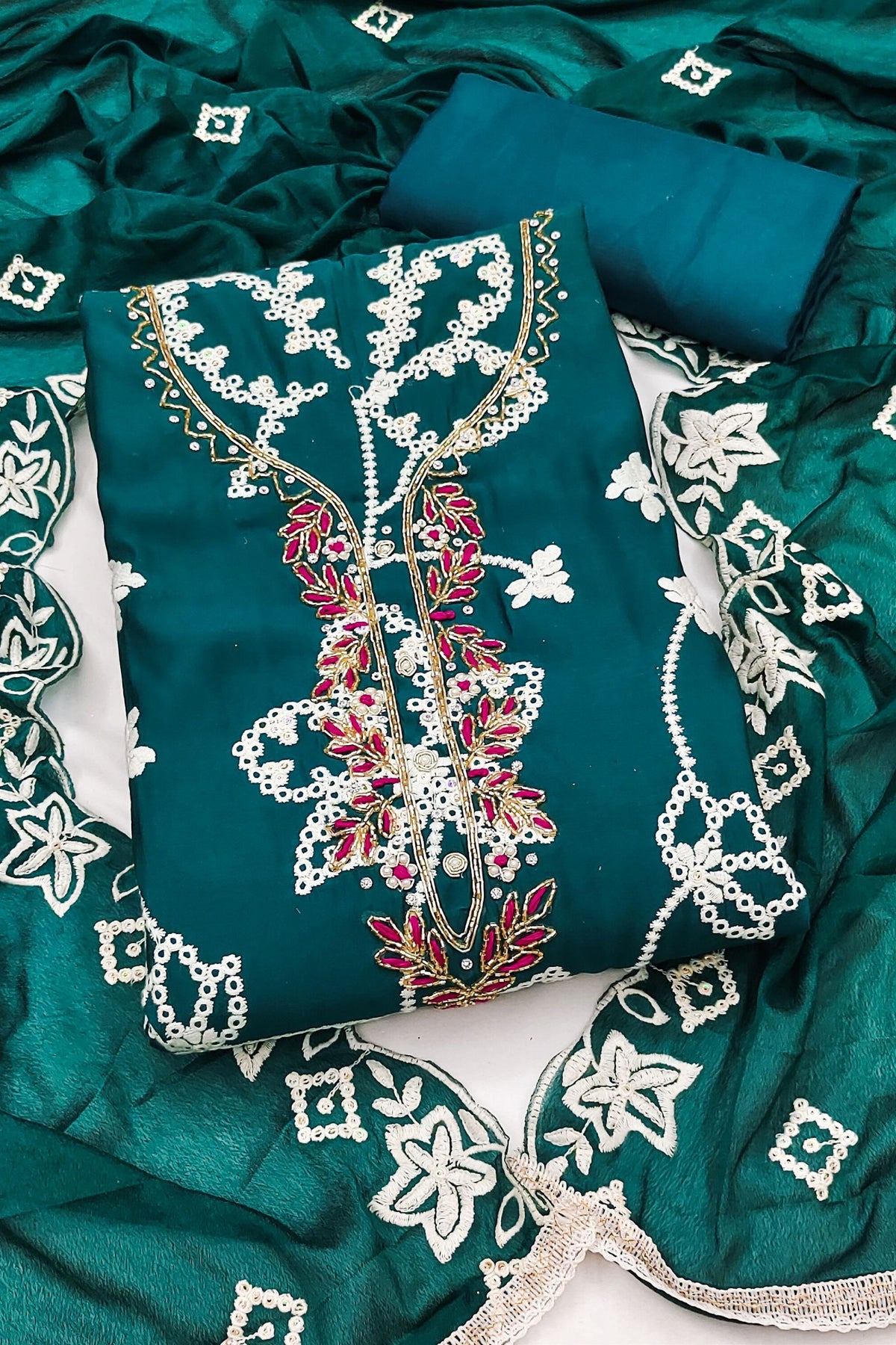 Opulent Teal Blue PV Cotton Salwar Suit with Embroidery Work and Dupatta for Women