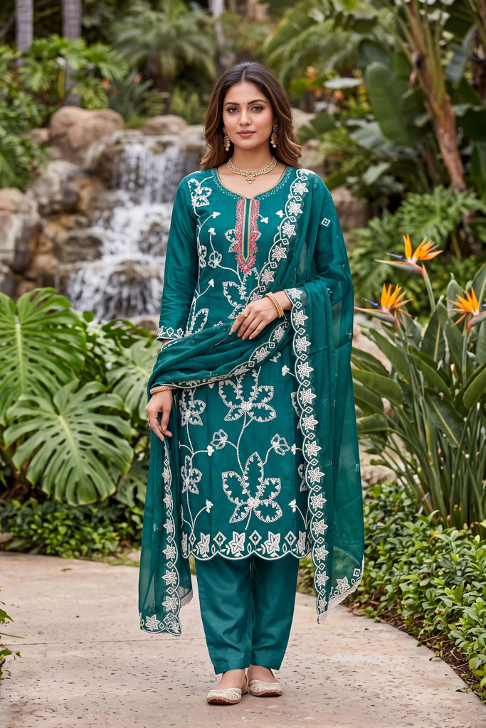 Opulent Teal Blue PV Cotton Salwar Suit with Embroidery Work and Dupatta for Women
