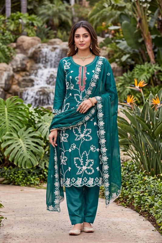 Opulent Teal Blue PV Cotton Salwar Suit with Embroidery Work and Dupatta for Women