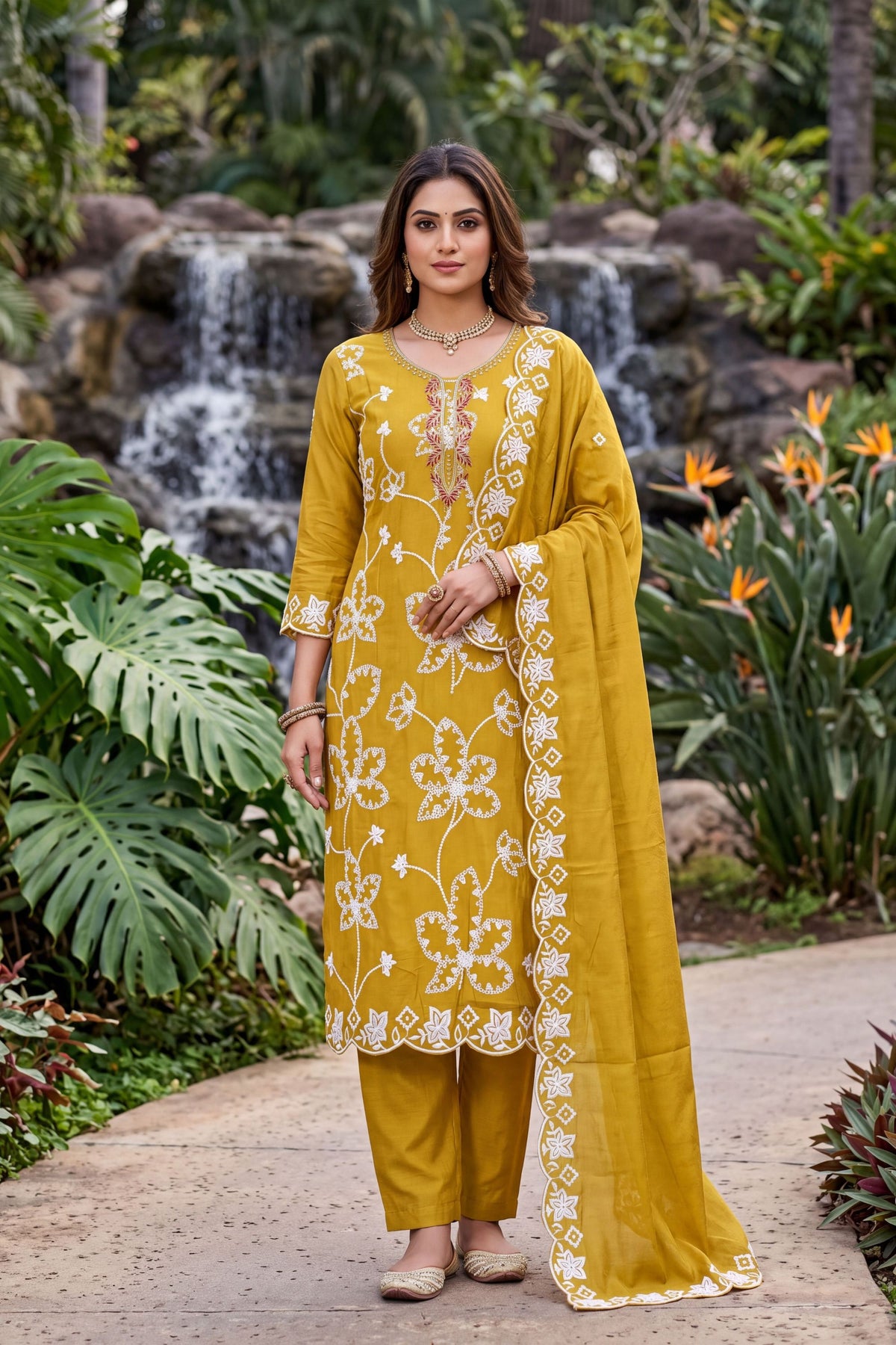 Vibrant Mustard Yellow PV Cotton Salwar Suit with Embroidery Work and Dupatta for Women