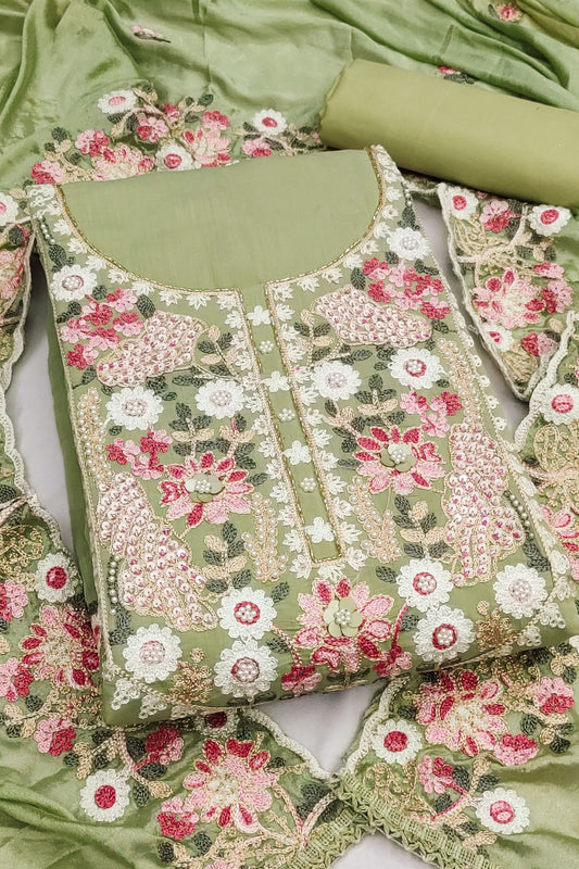 Elegant Pista Green PV Cotton Salwar Suit with Embroidery Work and Dupatta for Women