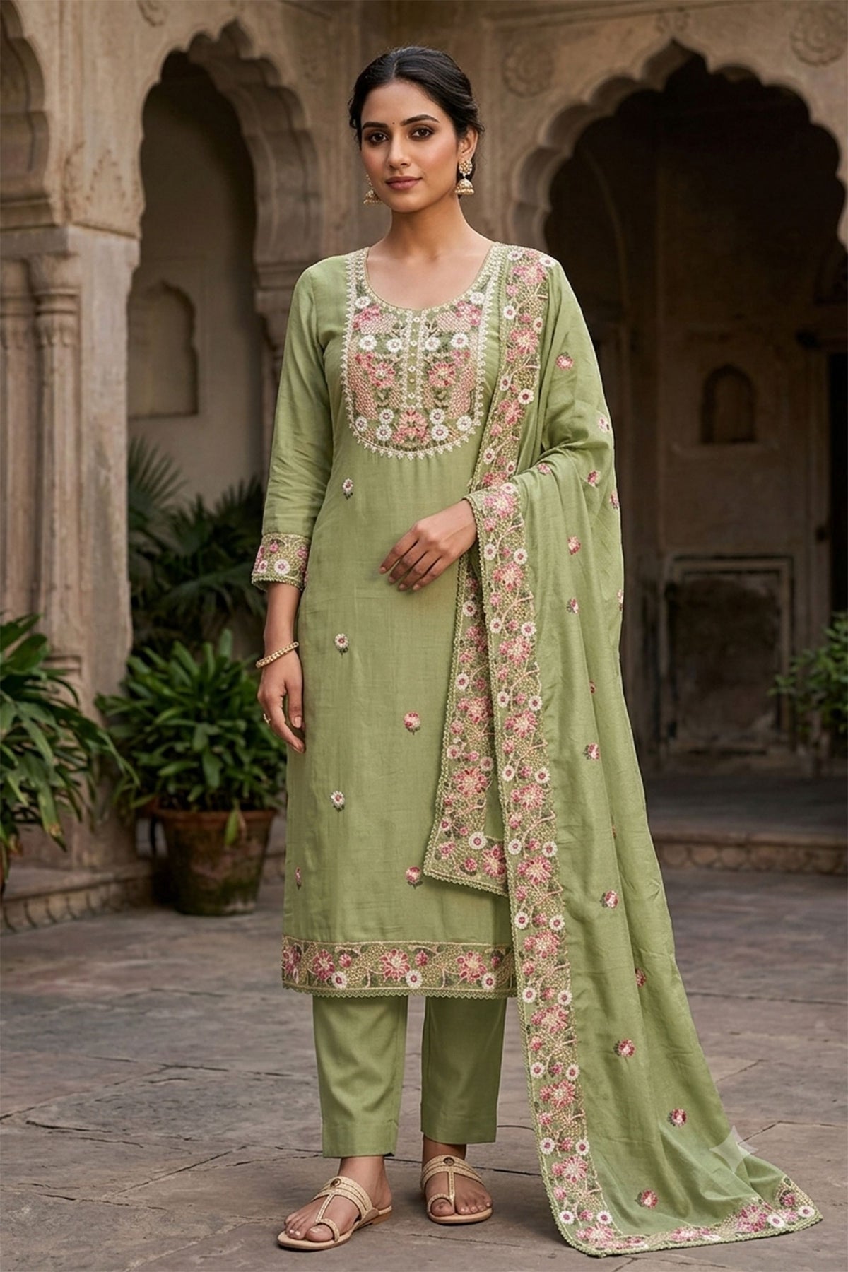 Elegant Pista Green PV Cotton Salwar Suit with Embroidery Work and Dupatta for Women