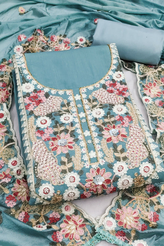 Trendy Sky Blue PV Cotton Salwar Suit with Designer Embroidery Work and Dupatta for Women