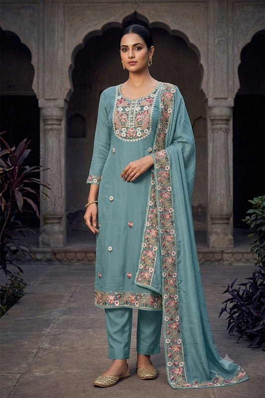 Trendy Sky Blue PV Cotton Salwar Suit with Designer Embroidery Work and Dupatta for Women