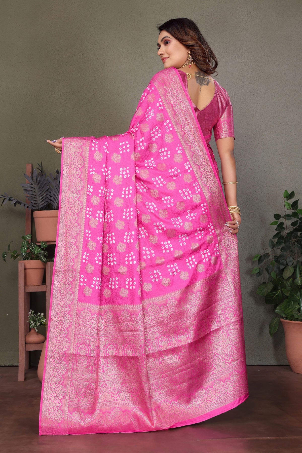 Gorgeous Pink Satin Silk Jacquard Weaving Designer Saree for Women