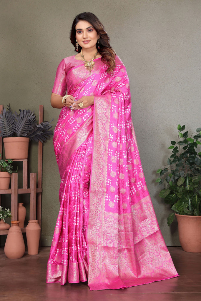 Gorgeous Pink Satin Silk Jacquard Weaving Designer Saree for Women