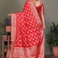 Stylish Red Satin Silk Jacquard Weaving Designer Saree for Women