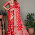 Stylish Red Satin Silk Jacquard Weaving Designer Saree for Women