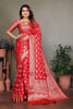 Stylish Red Satin Silk Jacquard Weaving Designer Saree for Women