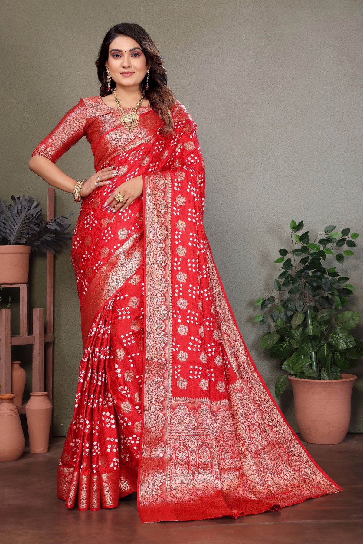 Stylish Red Satin Silk Jacquard Weaving Designer Saree for Women