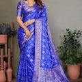 Adorable Blue Satin Silk Jacquard Weaving Designer Saree for Women