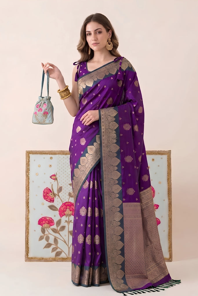 Elegant Purple Silk Woven Designer Saree with Zari Border for Women