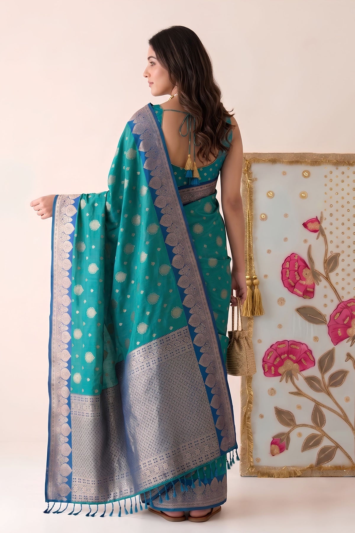 Premium Teal Blue Silk Woven Designer Saree with Zari Border for Women