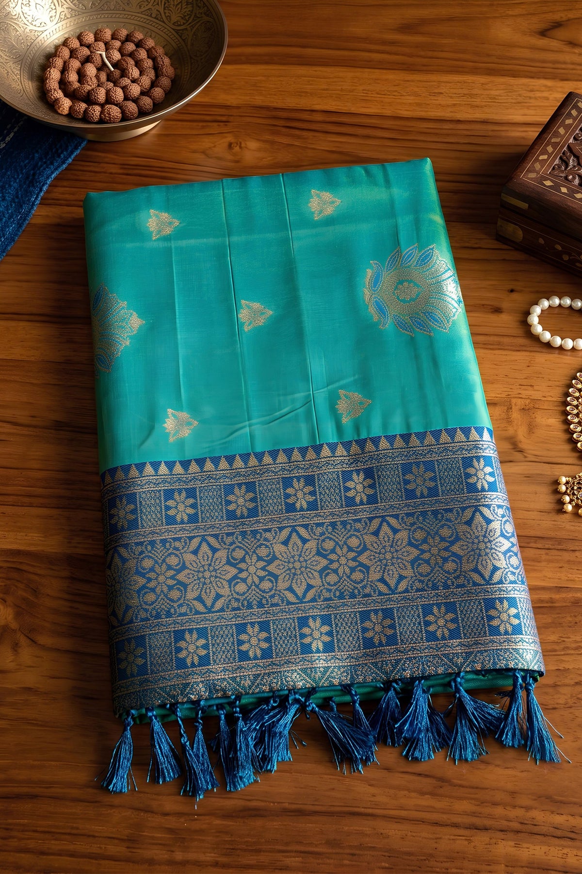 Premium Teal Blue Silk Woven Designer Saree with Zari Border for Women